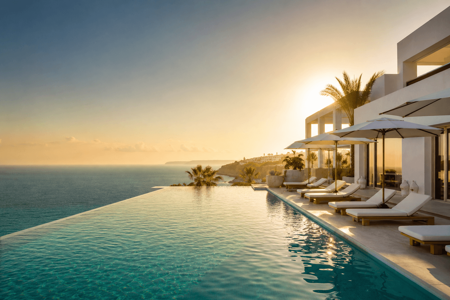 Luxury hotel infinity pool at sunset